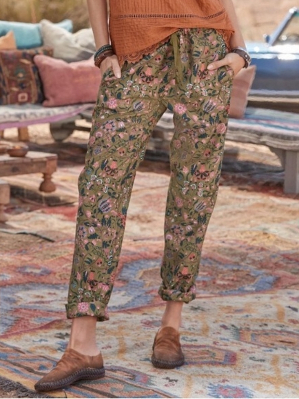 Sundance Olive Floral Drawstring Joggers with Pink Accents